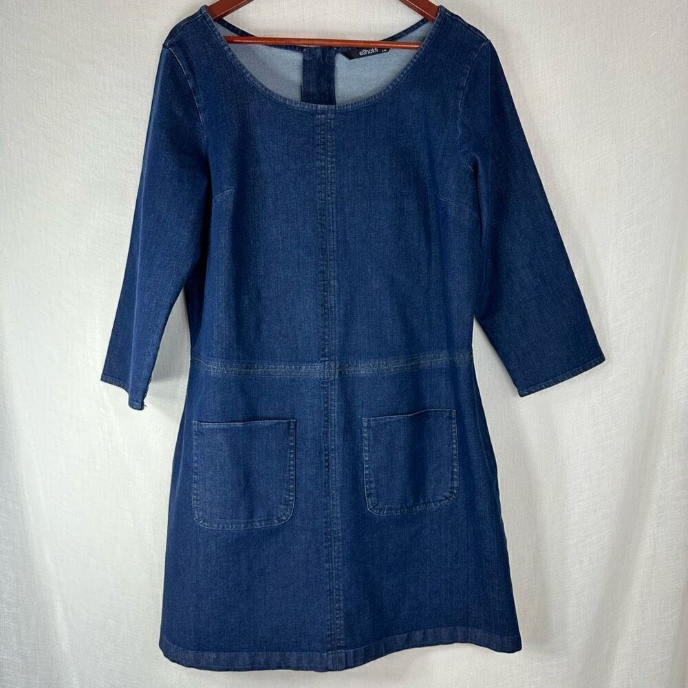 eShakti Blue Denim Dress Womens Large Casual Minimalist Pockets